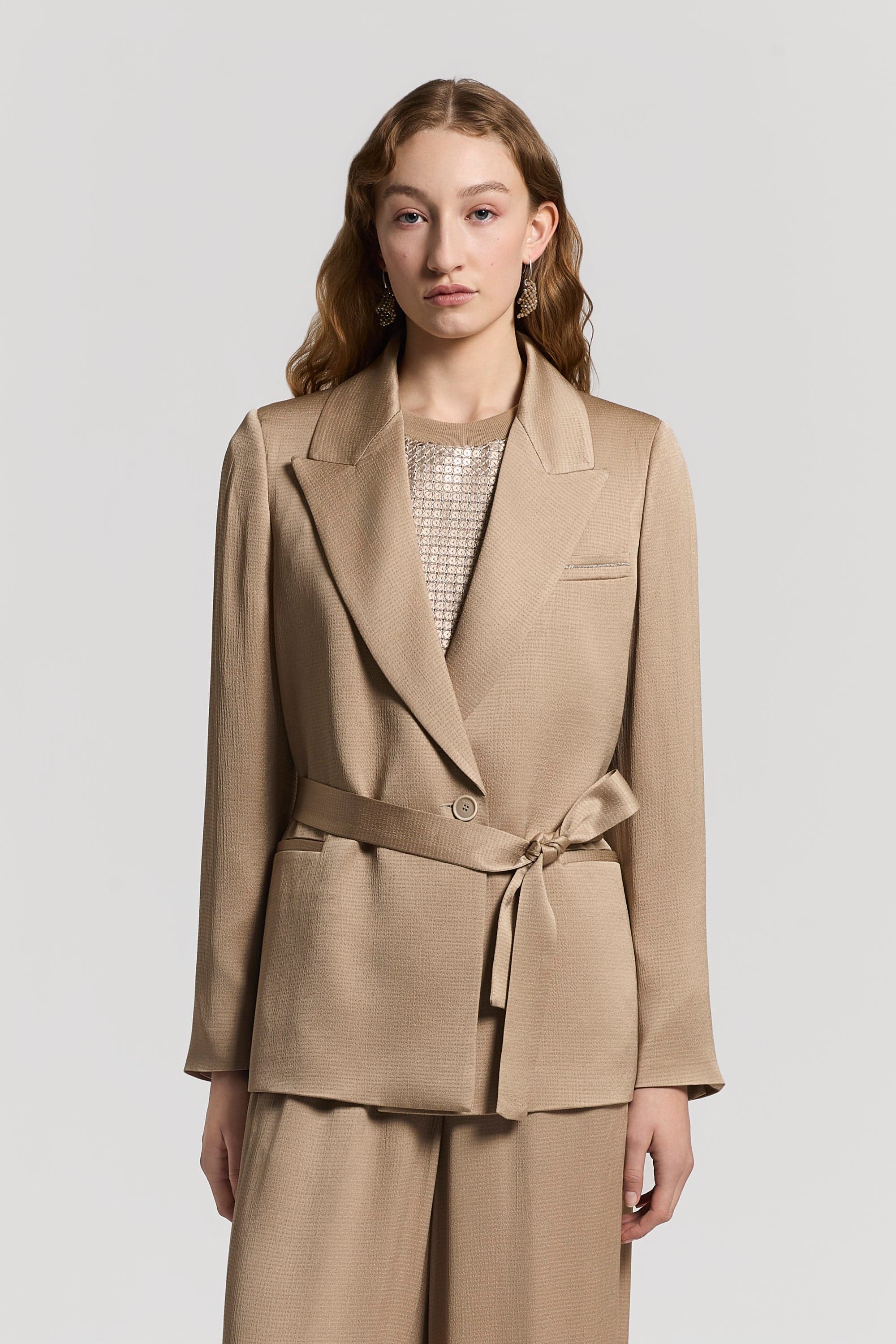 Woman jacket Flowy pounded viscose blend satin Golden beige