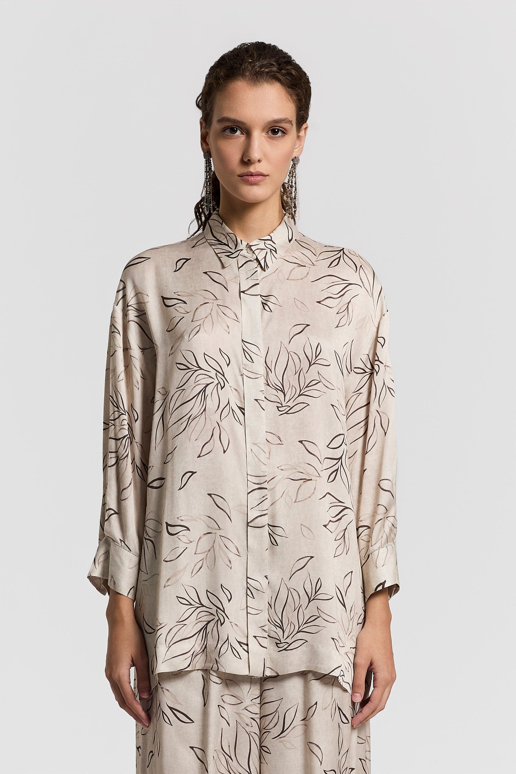 Woman shirt Printed flowy viscose satin Beige birch