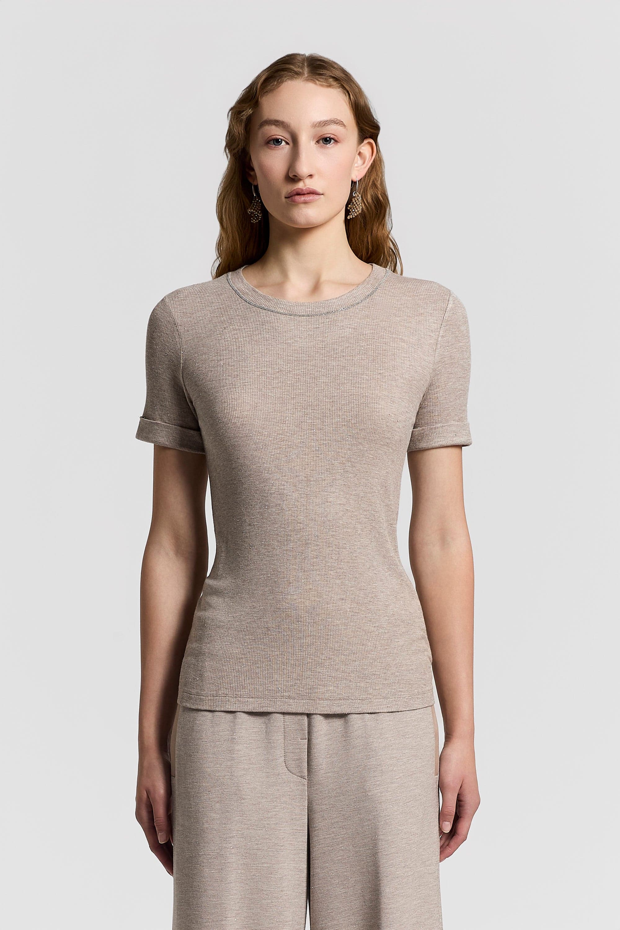 Woman shirt Cotton lurex rib Brown clay