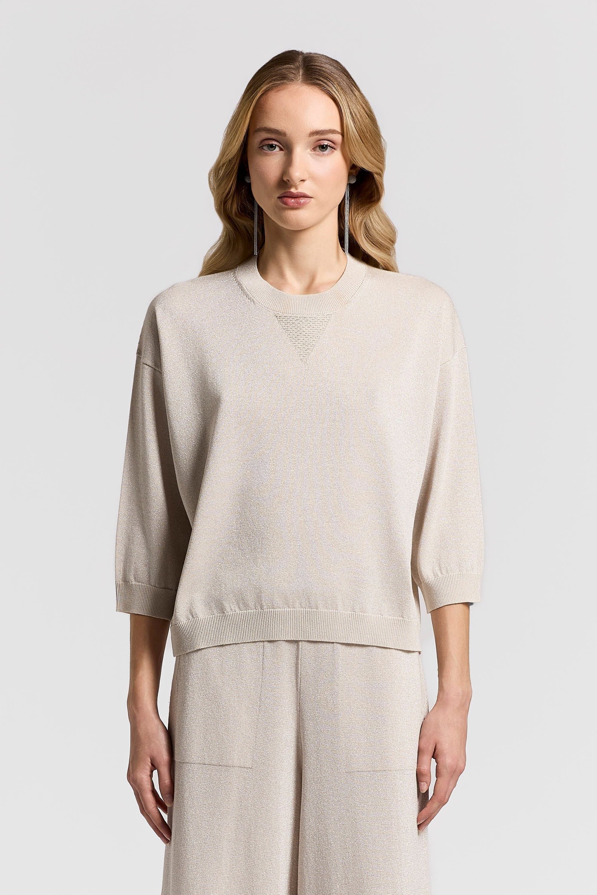 Knitted sweater Vanisè pure cotton crepe yarn with lurex and Beige birch