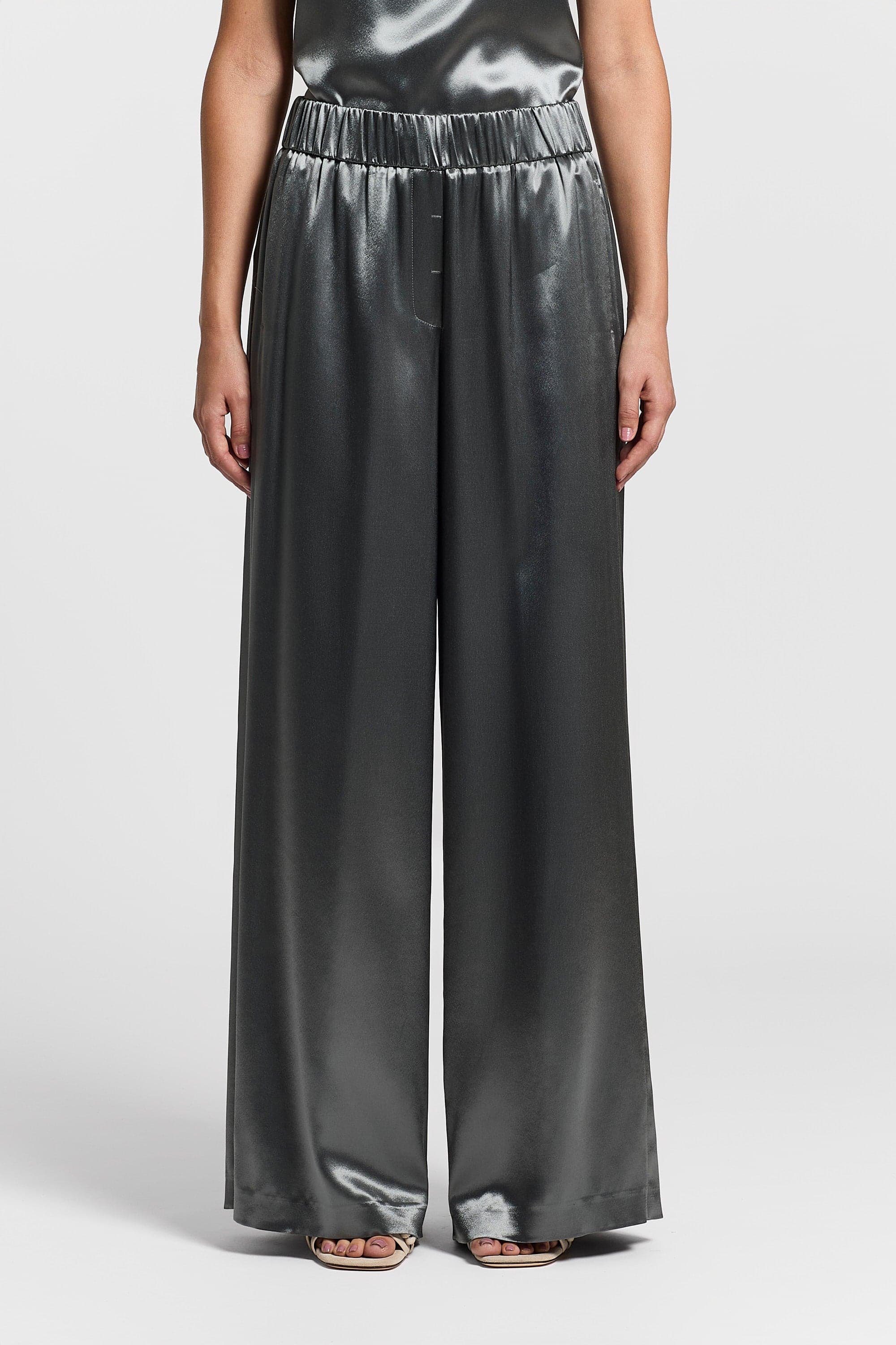 Woman pants Shiny viscose satin Slate green
