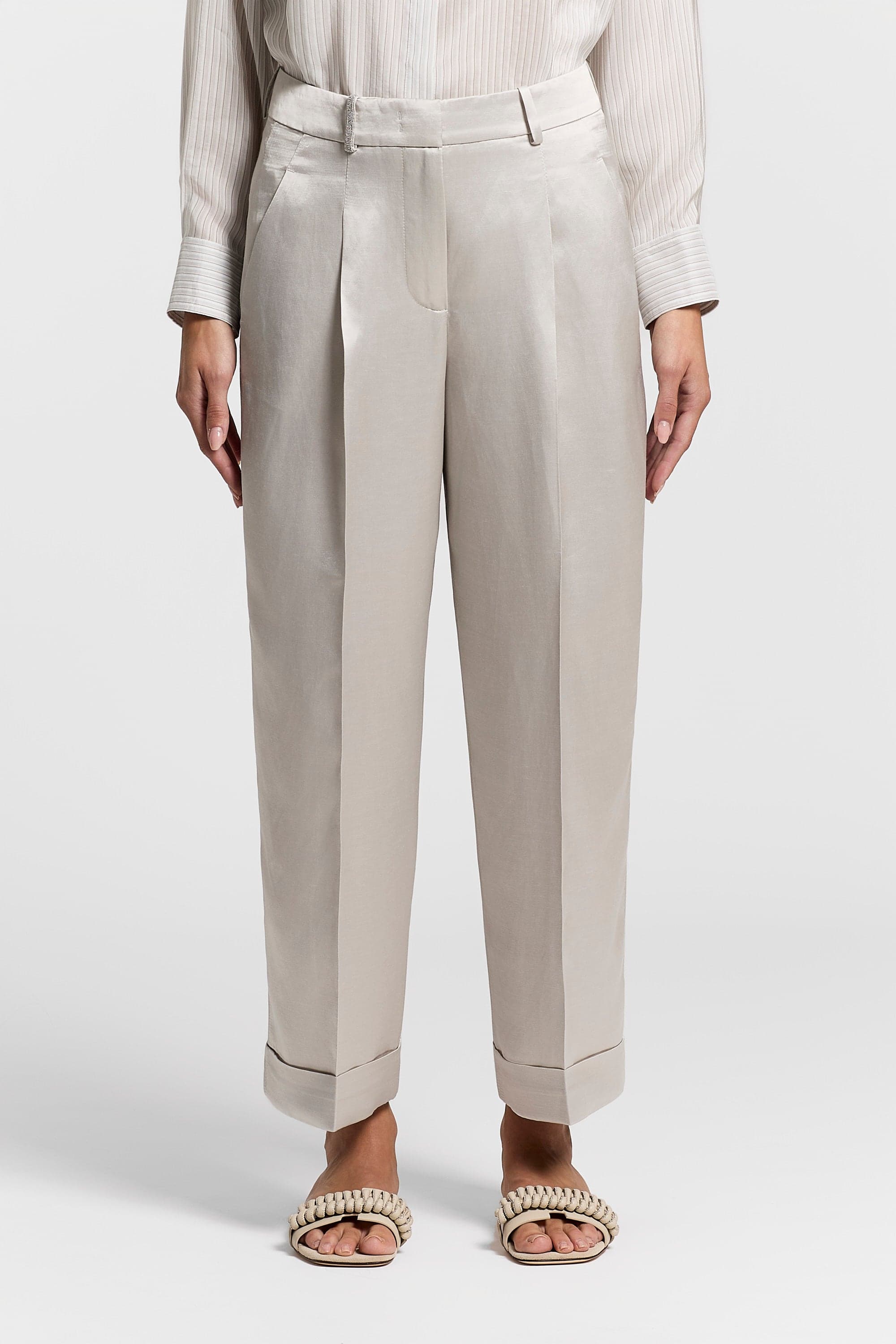 Woman pants Flamed linen and viscose satin Pearl Silver